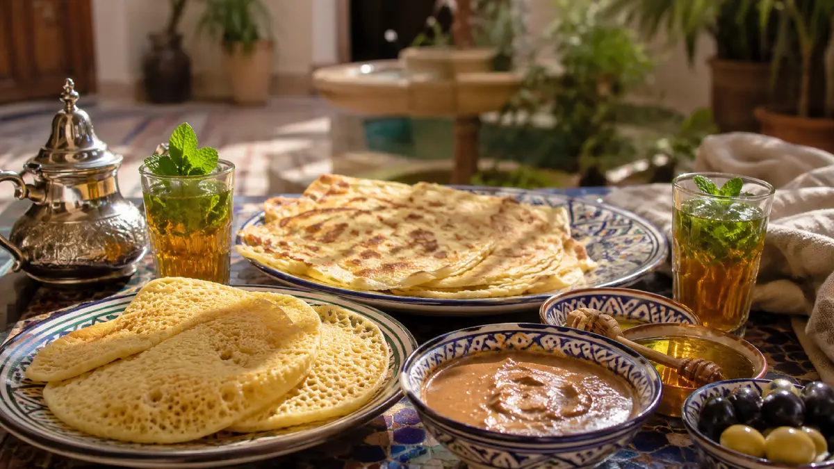Moroccan breakfast with mint tea, msemen, and honey